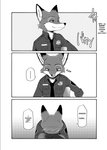 2020 anthro blush bodily_fluids canid canine cheek_tuft clothed clothing comic dialogue dipstick_ears disney dogear218 ear_markings ellipsis english_text facial_tuft fox fur hard_translated inner_ear_fluff licking licking_lips licking_own_lips mammal monochrome multicolored_ears necktie nick_wilde police police_uniform red_fox self_lick shirt smile solo speech_bubble sweat sweatdrop text third-party_edit tongue tongue_out topwear translated true_fox tuft uniform zootopia
