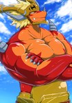 anthro biceps blonde_hair hair male muscular muscular_anthro muscular_male orange_body orange_skin pecs red_body red_skin solo spikes ryuukikeito bushiroad future_card_buddyfight mythology drum_bunker_dragon dragon mythological_creature mythological_scalie scalie