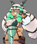 accessory anthro areola armwear bra breasts brown_body brown_fur clothing female fur gesture green_hair hair hand_gesture headband hip_bag horn looking_at_viewer nipples presenting presenting_breasts pulling_bra smile solo straps underwear v_sign wide_hips noahdoesart eden_(tactics_cafe) deer mammal hi_res