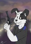 .357_magnum anthro brown_eyes city city_background gun handgun holding_object holding_weapon male ranged_weapon revolver solo weapon wolfyalex96 jesse_collins border_collie canid canine canis collie domestic_dog herding_dog mammal pastoral_dog sheepdog digital_media_(artwork) hi_res medibang_paint_(artwork)