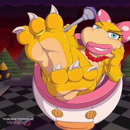 3_toes accessory barefoot bow_ribbon claws digit_ring feet female foot_fetish foot_focus hair_accessory hair_bow hair_ribbon jewelry koopa_clown_car lips looking_at_viewer necklace one_eye_closed pink_lips ribbons ring soles solo text toe_ring toes wink winking_at_viewer yellow_body thejestermime mario_bros nintendo koopaling wendy_o._koopa dragon_koopa koopa scalie 1:1 animated artist_name widescreen