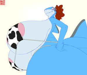 5_fingers animal_print anthro areola areola_slip belly big_breasts big_butt big_tail black_bra black_clothing black_underwear blue_arms blue_body blue_legs blue_skin blue_tail bottomless bra bra_only breasts butt clothed clothing cow_print cow_print_bra female female_anthro fin fingers grey_ears hair hands_on_own_hips huge_breasts huge_tail hyper hyper_breasts looking_at_viewer nipples non-mammal_areolas non-mammal_breasts non-mammal_nipples pink_areola pink_eyes pink_hair_tie pink_nipples pink_scrunchie red_hair sharp_teeth showing_teeth simple_background solo tail teeth underwear underwear_only white_background white_belly white_body white_bra white_breasts white_clothing white_skin white_underwear wide_hips shannon_shark_(artist) shannon_shark aquatic carpet_shark fish ginglymostomatid nurse_shark shark absurd_res hi_res