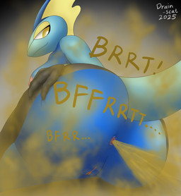 anthro anus big_butt blue_body breasts butt fart fart_cloud fart_fetish female genitals hand_on_butt looking_back low-angle_view multicolored_body nipples sitting solo tail vulva worm's-eye_view yellow_eyes drain_scat nintendo pokemon generation_8_pokemon inteleon pokemon_(species) absurd_res hi_res