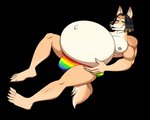 anthro belly big_belly black_hair blonde_highlights bulge clothing eyes_closed fur hair highlights_(coloring) lgbt_pride lying male muscular muscular_anthro muscular_male navel nipples on_back outie_navel pecs pregnant pregnant_anthro pregnant_male six-stripe_rainbow_pride_colors solo speedo swimwear tan_body tan_fur white_body white_fur riddleaugust hwang_dae-jung canid canine canis domestic_dog korean_jindo mammal spitz 2020 5:4 absurd_res alpha_channel hi_res