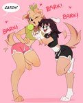 anthro ball barking biped clothed clothing dialogue duo female fingers floppy_ears fur hair open_mouth open_smile smile speech_bubble tail tail_motion tailwag tennis_ball text cherry_beries berri_(cherry_beries) canid canine canis domestic_dog mammal absurd_res english_text hi_res