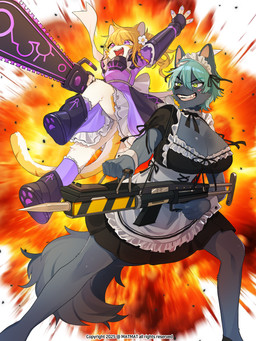 anthro breasts chainsaw cleavage clothed clothing duo explosives female female/female gun maid_uniform matnya power_tool ranged_weapon tools uniform weapon matmat aewolnan canid canine domestic_cat felid feline felis fox mammal 3:4 absurd_res hi_res