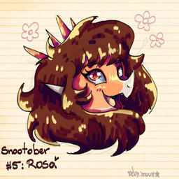 anthro biped brown_hair facial_horn female flower front_view hair happy horn long_hair looking_at_viewer open_mouth open_smile orange_body pattern_background plant red_eyes simple_background smile solo striped_background tan_body text by:_muun goodbye_volcano_high ko_op_(game_developer) rosa_(gvh) aquilops ceratopsian dinosaur marginocephalian ornithischian prehistoric_species reptile scalie 1:1 2025 absurd_res artist_name character_name colored english_text headshot_portrait hi_res portrait shaded