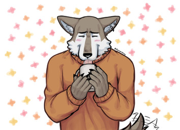 anthro blush blush_lines brown_body brown_fur claws clothing container cup ear_piercing eyes_closed fur male mug orange_clothing piercing solo star steam sweater tail tail_motion tailwag tongue tongue_out topwear white_body white_fur dynogreeno epic_games fortnite wendell_(fortnite) canid canine canis mammal wolf hi_res