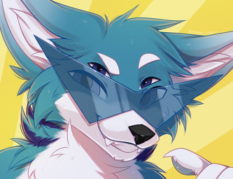 4_eyes abstract_background anthro black_nose blue_body blue_eyes blue_fur cheek_tuft eyewear facial_tuft fangs front_view fur glasses glistening glistening_eyes grin head_tuft inner_ear_fluff looking_at_viewer male male_anthro multi_eye neck_tuft smile solo teeth tinted_glasses tuft white_body white_fur white_inner_ear_fluff bloominglynx canid canine mammal bust_portrait digital_drawing_(artwork) digital_media_(artwork) portrait