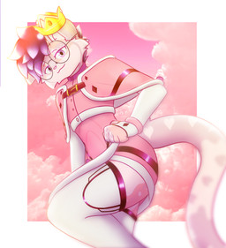 anthro blue_hair bottomwear butt cape clothed clothing cloud collar crossdressing crown eyewear femboy fur glasses hair headgear legwear looking_at_viewer male male_anthro markings pink_body pink_clothing pink_fur purple_hair round_glasses royalty simple_background sky smile solo stockings tail thigh_highs topwear white_body white_clothing white_fur neo_arts souli_(soulisquad) domestic_cat felid feline felis mammal pantherine absurd_res digital_media_(artwork) hi_res