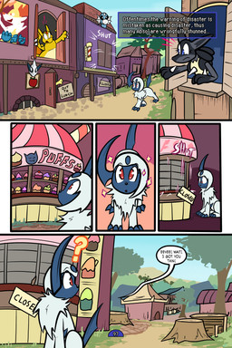 2_horns 5_panel_comic alternate_color ambiguous_gender biped black_text blue_eyes claws closed_window cloud day dialogue exclamation_point eyebrows eyelashes feral finger_claws food forehead_gem fur gem group horn looking_back motion_lines mouth_closed open_window outside page_number paws plant poster quadruped question_mark red_eyes red_gem sign sky sound_effects sparkles speech_bubble spikes spikes_(anatomy) text text_box toony town tree tree_stump walking white_body white_fur white_sclera window virmir nintendo pokemon pokemon_mystery_dungeon spike_chunsoft absol braixen charizard dratini generation_1_pokemon generation_2_pokemon generation_3_pokemon generation_4_pokemon generation_6_pokemon legendary_pokemon lucario lugia pokemon_(species) 2025 2:3 absurd_res comic english_text hi_res female_(lore)