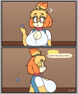 anthro big_breasts blonde_hair border breasts cleavage clothed clothing condom condom_refusal derp_eyes dialogue discarded_condom eyebrows eyelashes eyes_closed eyewear female fingers glasses grey_border hair pupils question_mark sexual_barrier_device shirt side_view solo speech_bubble text topwear white_clothing yellow_body jhenightfox animal_crossing nintendo derpybelle isabelle_(animal_crossing) canid canine canis domestic_dog mammal shih_tzu toy_dog absurd_res comic comic_sans english_text hi_res