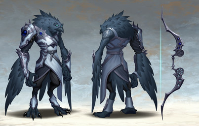 anthro armor beak biped bow_(weapon) claws clothing feathered_wings feathers feet male pauldron ranged_weapon simple_background solo standing talons toes weapon white_clothing wings vanharmontt blizzard_entertainment warcraft arakkoa avian 2026 absurd_res digital_media_(artwork) hi_res