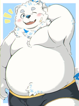 anthro belly blush bottomwear bulge clothing fur male navel one_eye_closed overweight shorts smile solo white_body white_fur wink fenr1l lifewonders live_a_hero yohack canid canine canis domestic_dog mammal nordic_sled_dog samoyed spitz 3:4 hi_res