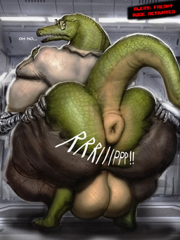 ambiguous_gender anthro anus assisted_exposure backsack balls big_balls big_breasts big_butt breasts butt butt_grab clothing duo eyewear genitals glasses green_body green_scales gynomorph gynomorph/ambiguous hand_on_butt huge_breasts huge_butt intersex intersex/ambiguous machine nipples overweight overweight_anthro overweight_gynomorph overweight_intersex perineum presenting presenting_anus presenting_balls presenting_hindquarters puffy_anus raised_tail rear_view scales simple_background tail tan_anus tan_balls tan_perineum tearing_clothing text topwear torn_clothing turning_around wearing_glasses hohohonse crocodile crocodilian reptile robot scalie 3:4 digital_media_(artwork) english_text hi_res