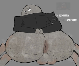 4_legs anthro balls big_butt butt genitals grey_body hands_behind_back looking_at_viewer looking_back male presenting solo solo_focus standing text worried rom4ncevisualnovel disney monsters_inc pixar arachnid arthropod insect monster spider 2026 absurd_res digital_media_(artwork) english_text hi_res