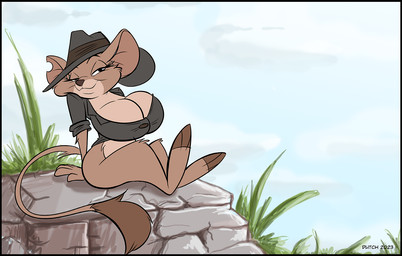 anthro big_breasts black_border border bottomless bottomless_anthro bottomless_female breasts cleavage clothed clothing crossgender female fur grass half-closed_eyes hat headgear headwear looking_at_viewer mouth_closed mtf_crossgender narrowed_eyes notched_ear on_rock paws plant rock shirt sitting sitting_on_rock smile smiling_at_viewer solo tail topwear dutch_(artist) disney the_rescuers_(disney) the_rescuers_down_under jake_(the_rescuers) mammal mouse murid murine rodent 2023 signature