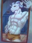 abs anthro black_sclera boxer_briefs bulge clothed clothing horn locker_room male mirror muscular muscular_anthro muscular_male solo topless underwear loonyellie earth_realm_protection_unit white_oyster terry_galatas bovid caprine goat mammal hi_res