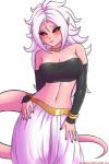 2018 absurd_res alien alien_humanoid andoid_21 armwear bandeau black_sclera blush breasts clothing colored_nails digital_media_(artwork) dragon_ball dragon_ball_fighterz eyelashes female hair hi_res humanoid humanoid_pointy_ears long_hair looking_at_viewer majin majin_android_21 nails navel not_furry red_eyes simple_background solo text topwear twistedscarlett60 white_background white_hair