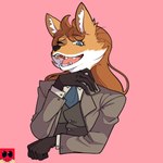 anthro black_nose blue_eyes clothing eyelashes female formal_clothing fur gloves hair handwear laugh long_hair necktie open_mouth orange_body orange_fur orange_hair silly simple_background solo white_body white_fur youngneil stallneon canid canine fox mammal red_fox true_fox 1:1 2024 absurd_res colored digital_drawing_(artwork) digital_media_(artwork) hi_res shaded signature watermark