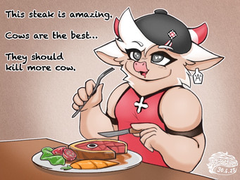 anthro beef beret blush carrot clothed clothing cutlery dipstick_horn ear_piercing ear_tag eating ellipsis food fork fur hair hat headgear headwear heart_pupils heart_symbol horn humor kitchen_utensils knife male meat multicolored_horn piercing plant shirt simple_background smile solo steak teeth text tools topwear vegetable tasticstarlight tastic_(tasticstarlight) bovid bovine cattle mammal 2025 4:3 artist_name dated english_text