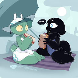 anthro beach beach_blanket belly big_butt big_tail biped breasts butt cheese_string cleavage clothed clothing curvy_figure dress duo ear_piercing eating eating_food female food green_body hat headgear headwear heart_pupils heart_symbol holding_food holding_object huge_hips one-piece_swimsuit paws picnic piercing pupils ruff sandwich_(food) sitting sitting_on_ground slit_pupils small_tail speech_bubble sun_hat swimwear tail thick_thighs wide_hips phosenpai alexon_jaychara pholi bovid caprine goat lagomorph leporid mammal rabbit 1:1 2025 hi_res