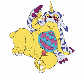 animal_skin anthro balls belly belly_markings blush claws erection foreskin fur genitals horn humanoid_genitalia humanoid_penis male markings moobs overweight penis solo striped_body striped_fur stripes yellow_body reddo12340 bandai_namco digimon digimon_(species) gabumon scalie hi_res