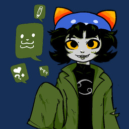 black_clothing black_hair black_shirt black_topwear blue_clothing blue_hat blue_headwear clothing female green_clothing green_jacket green_topwear grey_body hair hat headgear headwear horn jacket looking_at_viewer pencil_(object) shirt smile smiling_at_viewer solo speech_bubble topwear torn_clothing yellow_sclera newtype_hero homestuck ms_paint_adventures nepeta_leijon alien humanoid troll_(homestuck) 1:1 alpha_channel