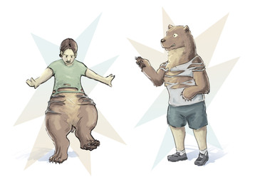 anthro balancing bottomwear brown_body brown_fur clothing duo feral fur male mid_transformation partial_transformation shocked shorts species_transformation torn_clothing transformation worried mulveyyy bear mammal hi_res