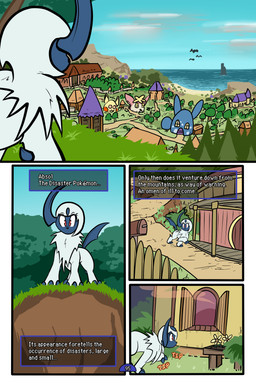 4_panel_comic ambiguous_gender black_nose building claws cloud day eyebrows eyelashes fence feral flower forehead_gem fur gem grass hair horn house mailbox open_window outside page_number plant quadruped red_eyes sand sea shrub sky solo sound_effects tail text text_box toony town tree walking water white_body white_fur white_hair white_sclera white_text window virmir nintendo pokemon pokemon_mystery_dungeon spike_chunsoft absol generation_3_pokemon pokemon_(species) 2025 2:3 absurd_res comic english_text hi_res signature female_(lore)