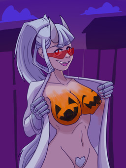 big_breasts bodypaint breasts clothing coat eyelashes eyewear female flashing front_view hair holidays horn lab_coat long_hair looking_at_viewer navel nipples open_mouth open_smile ponytail pubes red_eyes smile solo sunglasses tan_body tan_skin topwear white_hair white_horn white_pubes wide_hips blueycitrus halloween helltaker loremaster_(helltaker) demon demon_humanoid horned_humanoid humanoid hi_res