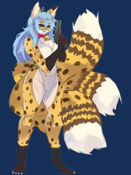 3_tails anthro bell black_sclera blue_eyebrows blue_eyes blue_hair blue_nose blue_tongue breasts chest_tuft collar eyebrows eyewear featureless_breasts featureless_crotch female glasses gun hair handgun holding_object holding_weapon machine multi_tail open_mouth ranged_weapon red_eyes smile solo standing tail tongue tuft weapon francis.ko neko_ed canid canine cheetah felid feline fox hybrid mammal robot absurd_res alpha_channel hi_res