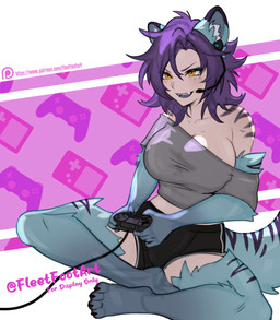 bottomwear breasts claws clothed clothed_female clothed_humanoid clothing controller feet female finger_claws fingers front_view fully_clothed fully_clothed_female fully_clothed_humanoid fur game_controller hair holding_controller holding_game_controller holding_object inner_ear_fluff markings sitting smile solo striped_body striped_fur striped_markings striped_tail stripes tail tail_markings teeth toe_claws toes tongue topwear tuft fleet-foot kalla_(kallayeen) humanoid hyena mammal 2026 digital_drawing_(artwork) digital_media_(artwork) hi_res nonbinary_(lore)