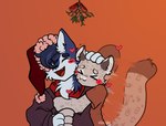 anthro bandanna blue_body blue_fur blue_hair chest_tuft clothing cloudycow_(artist) duo embrace felid friends fur hair hand_on_head happy hearts_around_body hi_res hug hugging_from_behind jaycemutt kerchief male male/male mammal mistletoe pantherine paws plant ray_ackerley red_bandanna red_kerchief simple_background snow_leopard spots sweater topwear tuft waving_tail white_body white_chest white_chest_hair white_fur