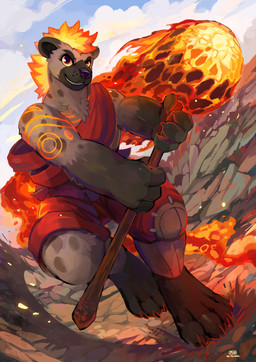 4_fingers 4_toes anthro bottomwear clothing feet fingers fire fur hair male markings multicolored_hair outside rock smile solo spots spotted_body spotted_fur text toes topwear weapon plive hyena mammal 2022 absurd_res artist_name dated hi_res