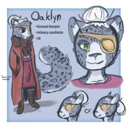 anthro eye_patch eyewear female fur grey_body grey_fur hair solo text white_body white_fur globaldonut34 felid mammal pantherine snow_leopard 1:1 english_text hi_res model_sheet sketch