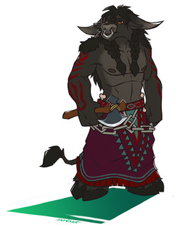 anthro axe biped bone braided_hair brown_eyes chain clothed clothing facial_piercing hair hooves horn male mane markings melee_weapon nose_piercing nose_ring piercing red_eyes ring_piercing septum_piercing solo standing tail tail_tuft topless tuft weapon conditional_dnp sefeiren blizzard_entertainment warcraft sahak_darkcloud bovid bovine mammal tauren hi_res