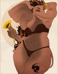 anthro bedroom_eyes big_ears bra brown_body brown_hair brown_skin clothed clothing dreadlocks ear_piercing female flower furgonomics furry-specific_piercing hair hand_behind_head holding_flower holding_object narrowed_eyes open_mouth panties partially_clothed piercing plant proboscis_(anatomy) seductive solo tail tail_tuft thick_thighs tongue tongue_out trunk_(anatomy) tuft tusk_jewelry tusks underwear vexstacy elephant elephantid mammal proboscidean 2025 absurd_res hi_res