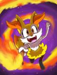 :d ambiguous_gender anthro fire happy holding_object orange_eyes pseudo_clothing purple_background simple_background smile solo stick toony jurassiczalar nintendo pokemon braixen canid canine generation_6_pokemon mammal pokemon_(species)