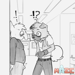 against_surface anthro belt blush blush_lines bone bottomwear bulge clothed clothing confusion door duo erection erection_under_clothing exclamation_point flustered fur gesture gloves hair hand_gesture hand_on_wall handwear heart_symbol inside looking_at_bulge male male/male pants pointing pointing_at_another proboscis_(anatomy) question_mark school shirt side_view skull skull_symbol small_bulge standing surprised sweater t-shirt tail text topwear trunk_(anatomy) vest young young_anthro young_male young_on_young reyn_goldfur nintendo pokemon clyde_(mightymightyena) fan_character tyler_(reyn_goldfur) drowzee generation_1_pokemon generation_7_pokemon pokemon_(species) rockruff 1:1 2025 artist_name digital_media_(artwork) hi_res monochrome