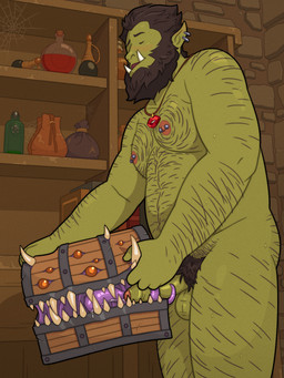 ambiguous_gender arm_hair balls beard belly_hair black_beard black_eyebrows black_facial_hair black_hair black_pubes bodily_fluids body_hair bottle butt_hair chest_hair container detailed_background duo ear_piercing ear_ring ejaculation erection eyebrows eyes_closed facial_hair foreskin genitals glistening green_body green_skin hair horn humanoid_genitalia humanoid_hands humanoid_penis jewelry leg_hair looking_pleasured low-angle_view male male/ambiguous multi_eye muscular muscular_male necklace nipple_piercing nipples nude oral oral_penetration penetration penis piercing potion potion_bottle prehensile_tongue pubes ring_piercing sweat sweatdrop tongue tongue_on_penis tusks quasarbearcat dungeons_and_dragons hasbro wizards_of_the_coast half_orc humanoid mimic mimic_chest orc 3:4 absurd_res cel_shading hi_res shaded