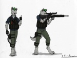 anthro athletic athletic_anthro athletic_male barefoot black_body black_clothing black_fingerless_gloves black_fur black_gloves black_handwear black_nose black_tail bottomwear clothing ear_piercing feet fingerless_gloves front_view fur gloves green_bottomwear green_clothing green_pants gun handwear holding_object holding_ranged_weapon holding_weapon knee_pouch male military multicolored_body multicolored_fur pants piercing ranged_weapon rifle simple_background smile snout soldier solo standing striped_body striped_fur stripes tail thigh_pouch three-quarter_view two_tone_body two_tone_fur two_tone_tail warrior weapon white_background white_body white_fur white_tail wishbone_mouth ace_stryker canid canine canis mammal wolf 2012 hi_res