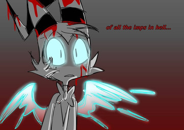 back_wings blood blue_eyes bodily_fluids bow_tie feathered_wings feathers freckled_face freckles horn male mid_transformation pupils slit_pupils solo species_transformation text transformation wings emositecc hellaverse helluva_boss moxxie_(helluva_boss) angel angel_humanoid demon demon_humanoid humanoid imp colored english_text restricted_palette