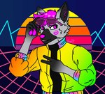 abstract_background anthro black_body black_clothing black_fur black_shirt black_topwear clothed clothing eyewear fur gesture gradient_jacket grey_body grey_fur hair hand_gesture jacket male pawpads purple_eyes purple_hair purple_nose purple_pawpads shirt smile solo sunglasses synthwave teeth topwear v_sign tarou_reggi tobi_hyena hyena mammal digital_drawing_(artwork) digital_media_(artwork) flat_colors half-length_portrait hi_res portrait