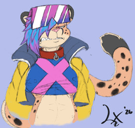 anthro breasts clothing collar cosplay countershade_face countershade_torso countershading crop_top cropped_jacket dipstick_ears dipstick_tail ear_markings eyewear facial_markings female frown fur glasses head_markings highlights_(coloring) looking_at_viewer markings multicolored_ears nipple_outline nipple_piercing nipples piercing pink_nose pupils scowl sharp_teeth shirt simple_background slit_pupils solo spots spotted_body spotted_fur tail tail_markings teeth topwear salaciouslx jubilee_(marvel) lizzie_(raineshadowpaw) cheetah felid feline mammal 2026 bust_portrait portrait signature