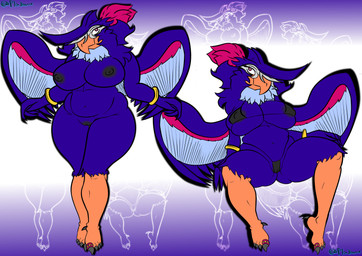 anthro areola avian_feet beak big_breasts bikini biped black_areola black_bikini black_clothing black_nipples black_swimwear breasts clothed clothed_anthro clothed_female clothing feathered_wings feathers female fingers genitals gradient_background grey_body grey_feathers humanoid_genitalia humanoid_hands humanoid_vulva knock-kneed looking_at_viewer midriff multiple_poses navel nipple_dip nipples non-mammal_breasts nude nude_anthro nude_female orange_body pokemorph pose purple_body purple_feathers red_body red_feathers seductive simple_background sitting skimpy smile solo spread_legs spreading standing swimwear text two-piece_swimsuit vulva wings wristband p1aymannx nintendo pokemon generation_4_pokemon honchkrow pokemon_(species) 2023 absurd_res artist_name colored hi_res