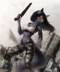 anthro apocalypse black_hair blue_body blue_fur camo camo_print chest_tuft clothing eyewear female fur glasses gun hair knife long_tail midriff navel ranged_weapon ruins shotgun solo tail topwear tuft weapon elvofirida lilith_(jl2154) canid canine canis mammal wolf