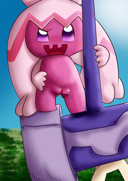 4_toes detailed_background feet female genitals grass hair hammer looking_at_viewer open_mouth open_smile pink_body pink_hair plant sky smile solo standing toes tools vulva young olihai nintendo pokemon generation_9_pokemon humanoid pokemon_(species) tinkaton absurd_res hi_res