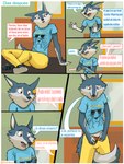 3:4 ambiguous_gender anthro blue_clothing blue_shirt blue_t-shirt blue_topwear bottomwear bulge canid canine canis clothed clothing comic confusion dialogue digital_media_(artwork) duo fur hi_res illumination_entertainment intersex looking_at_viewer mammal nervous open_mouth pimientanas porsha_crystal print_clothing print_shirt print_t-shirt print_topwear shirt sing_(movie) spanish_text speech_bubble t-shirt text text_on_clothing text_on_shirt text_on_t-shirt text_on_topwear topwear translation_check translation_request underwear undressing undressing_self wolf yellow_eyes