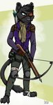 anthro arbalist arrows black_body black_fur crossbow eye_patch eyewear female fur green_eyes holding_object holding_weapon ranged_weapon scar solo weapon ziegelzeig fel_doras felid mammal pantherine